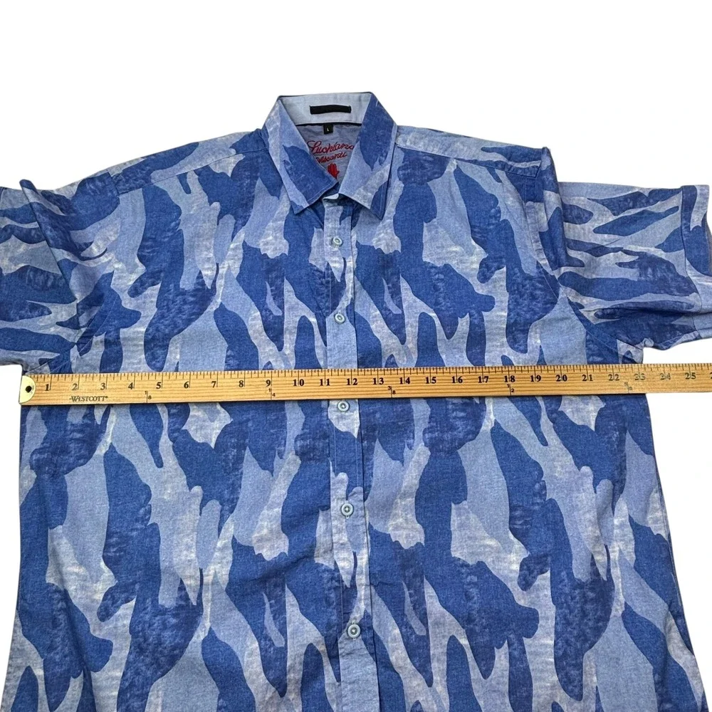 Luciano Visconti Mens‎ Shirt Large Blue Camouflage Pattern Short Sleeve - Picture 8 of 16